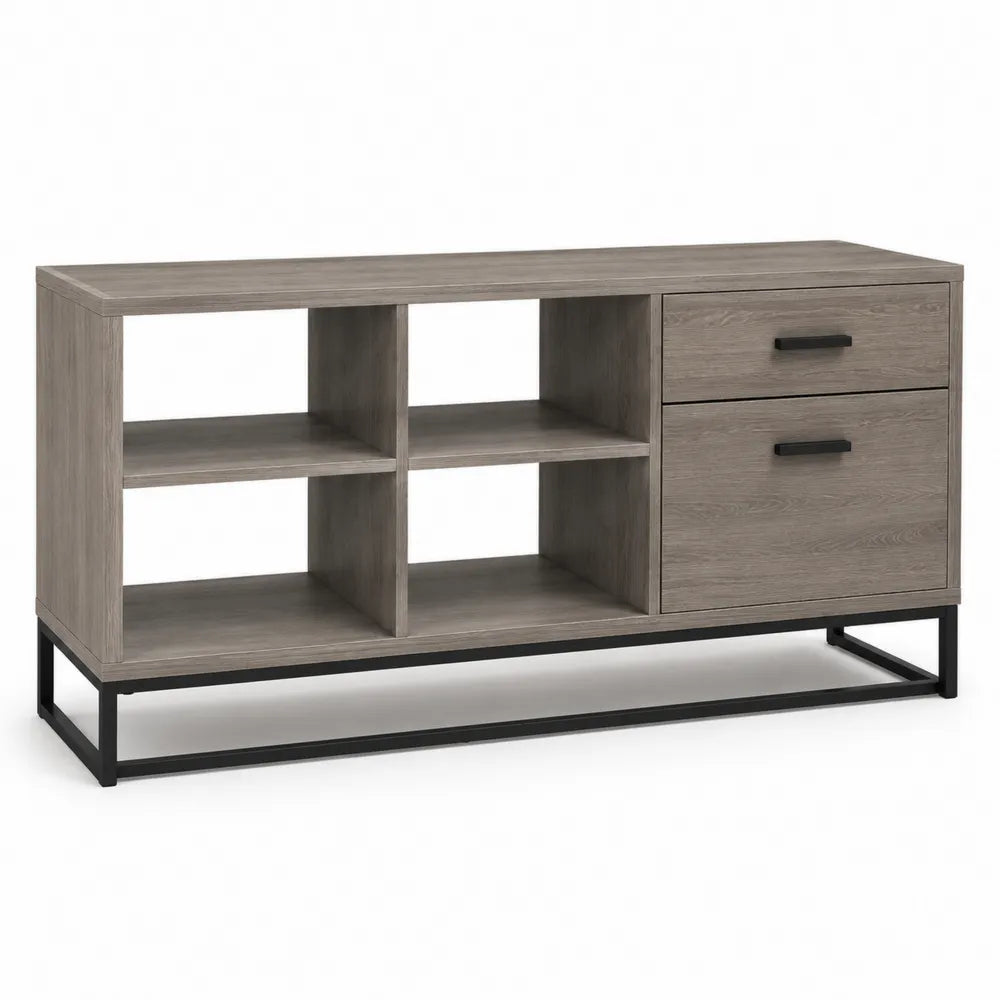 Buffet bas en bois avec tiroirs et étagères en métal noir