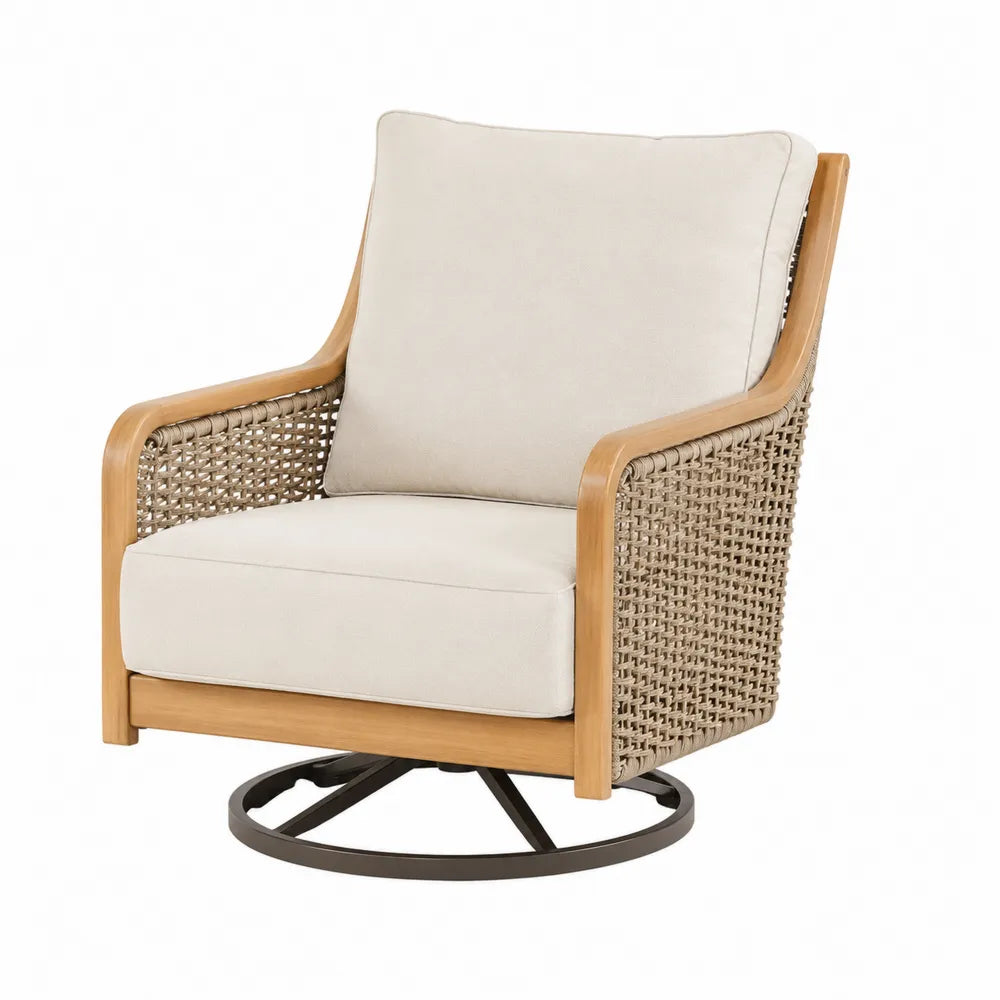 Fauteuil pivotant en bois avec résine tressée et coussins beige