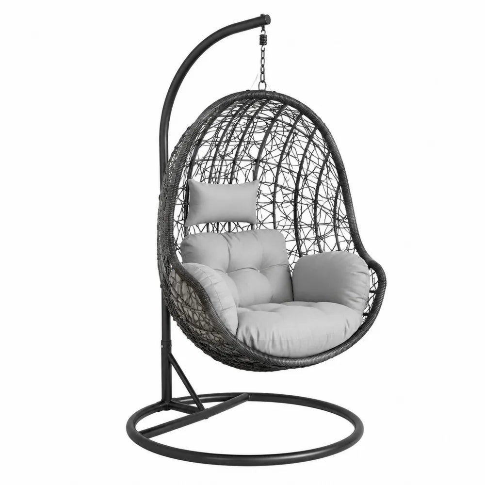 Chaise suspendue en résine tressée et acier avec coussins gris