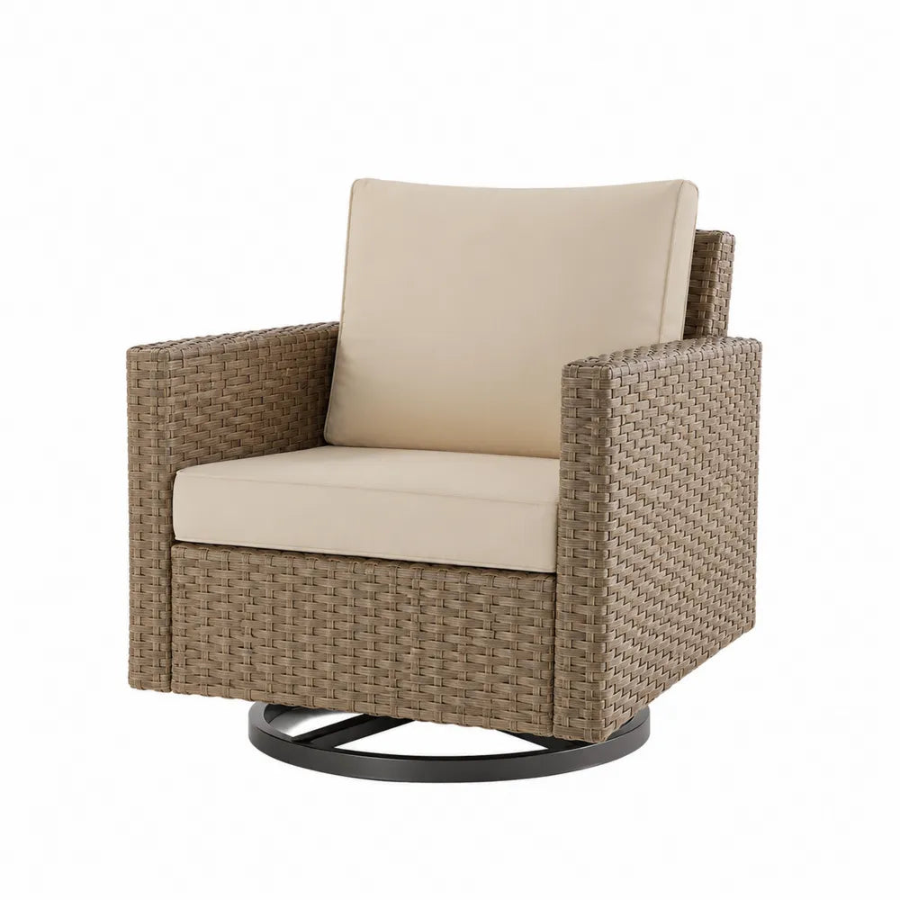 Fauteuil Rotatif en Résine Tressée avec Coussin Beige