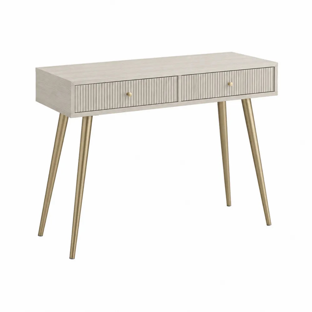 Console en bois clair avec tiroirs et pieds en métal doré