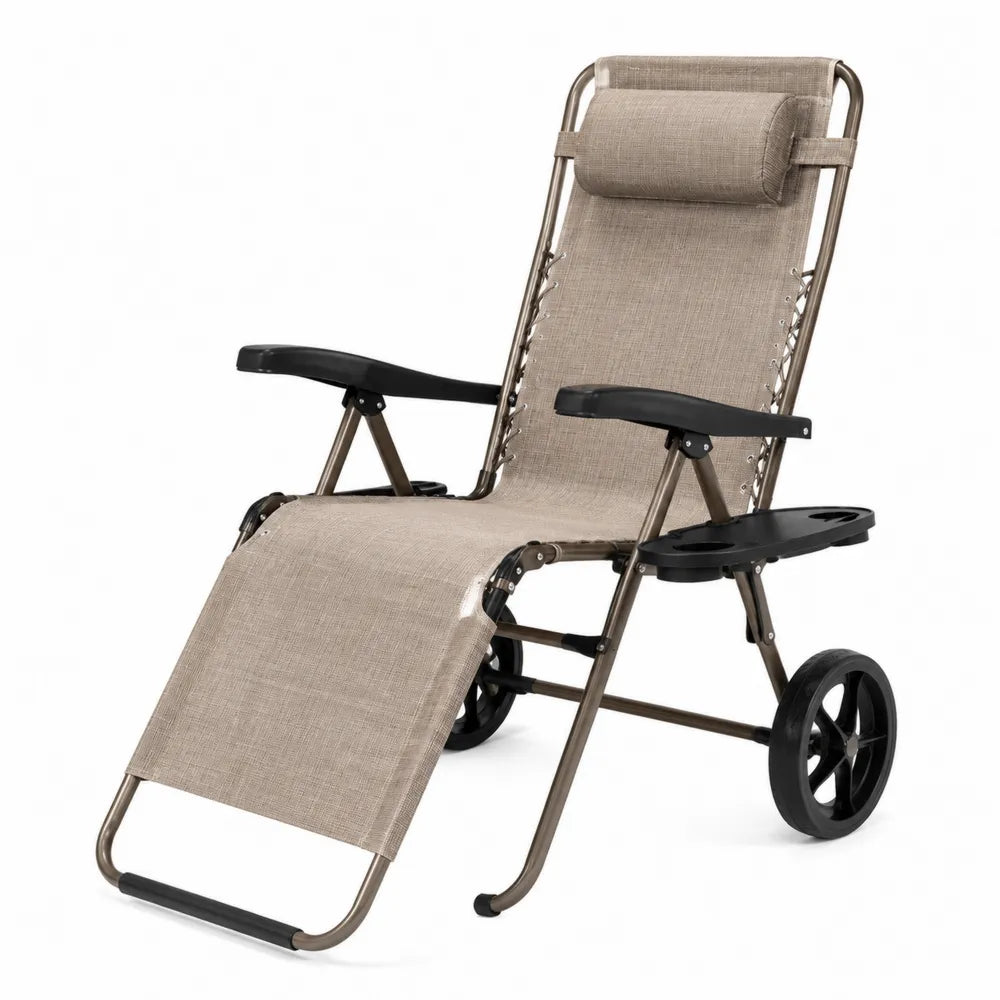 Chaise longue pliante beige en acier et textilène avec roues