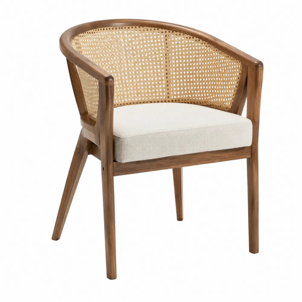 Chaise en bois et rotin avec assise en lin beige