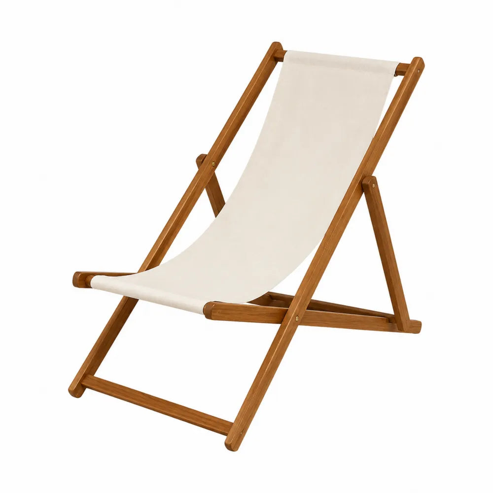 Chaise longue en bois et toile crème