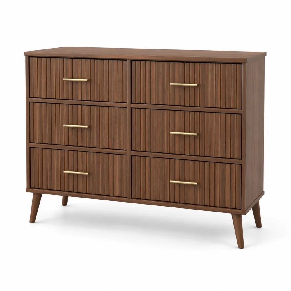 Commode en bois avec 6 tiroirs et poignées métalliques, noyer, 120x40x80 cm