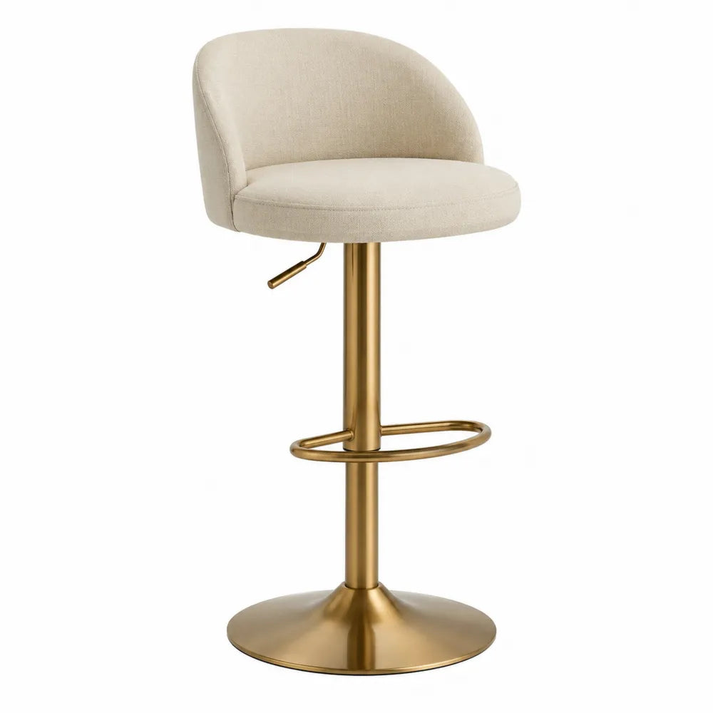 Tabouret de bar en tissu polyester beige avec base en acier inoxydable doré