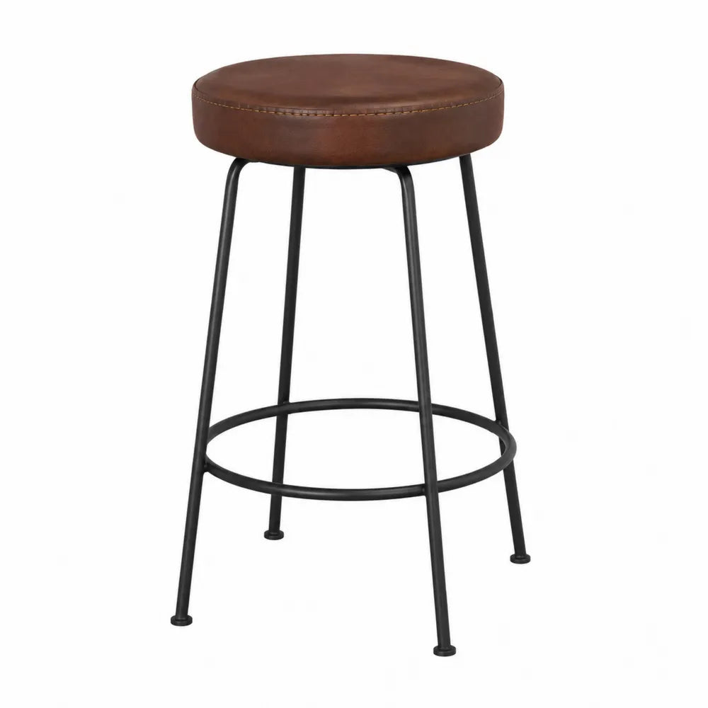 Tabouret en métal noir et cuir synthétique marron, 75 cm