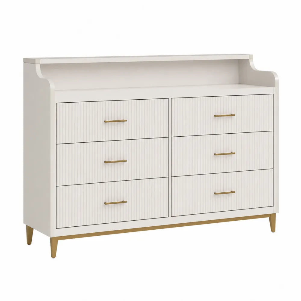 Commode 6 tiroirs en bois blanc et doré 102x120x40 cm