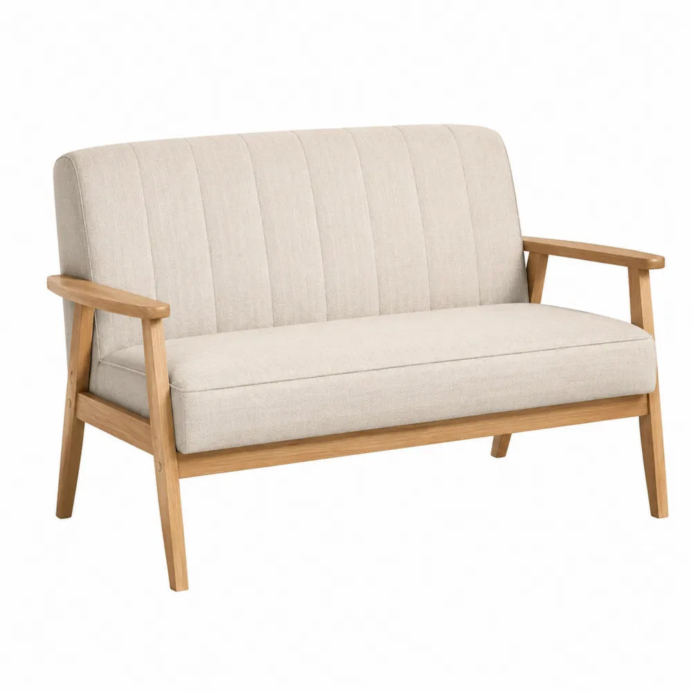 Canapé deux places en bois et tissu polyester beige