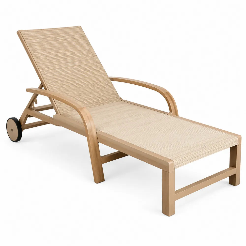 Chaise longue en bois d'acacia avec tissu polyester beige et roues