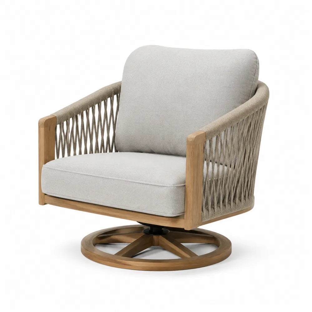 Fauteuil pivotant en bois de teck et corde avec coussins gris