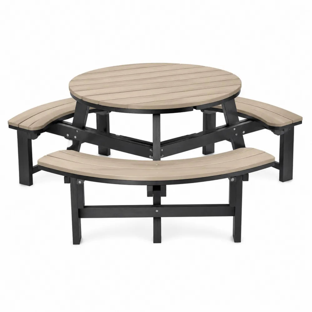 Ensemble extérieur table ronde avec bancs en bois composite et métal, diamètre 150 cm