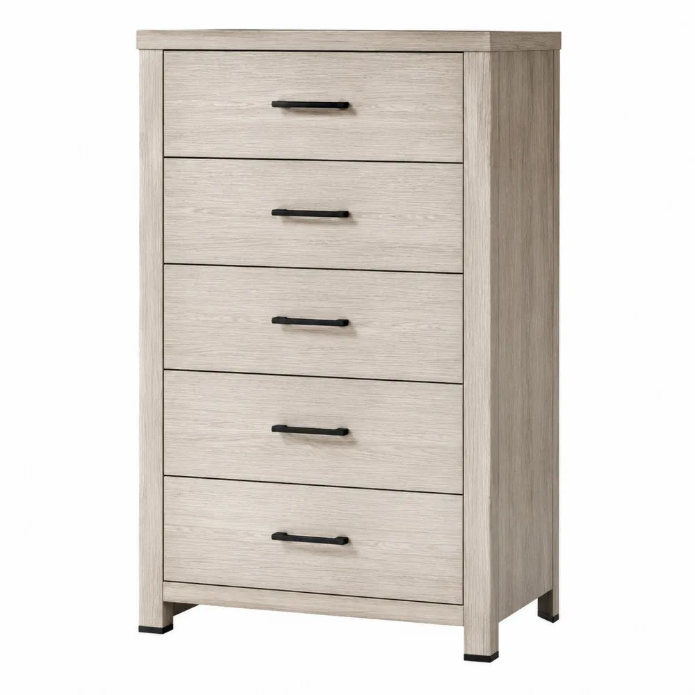 Commode haute 5 tiroirs chêne clair et métal